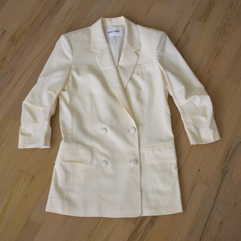 Frame x Imaan Darted Off White long Blazer, 3/4 ruffled sleeves